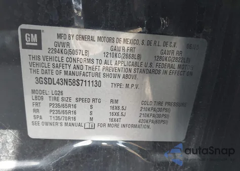 2008 Saturn Vue V6 Xe z USA, uszkodzony, nr VIN 3GSDL43N58S711130